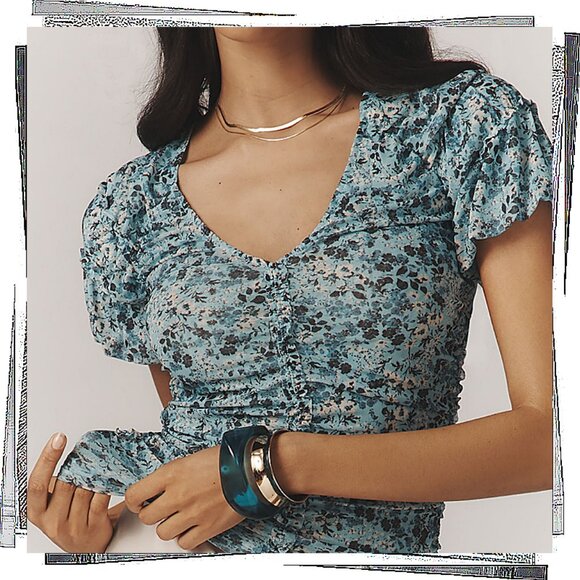 NWT: Blues Grays & Whites Floral Short Sleeve Shirred Mesh Top (S) - Picture 2 of 3